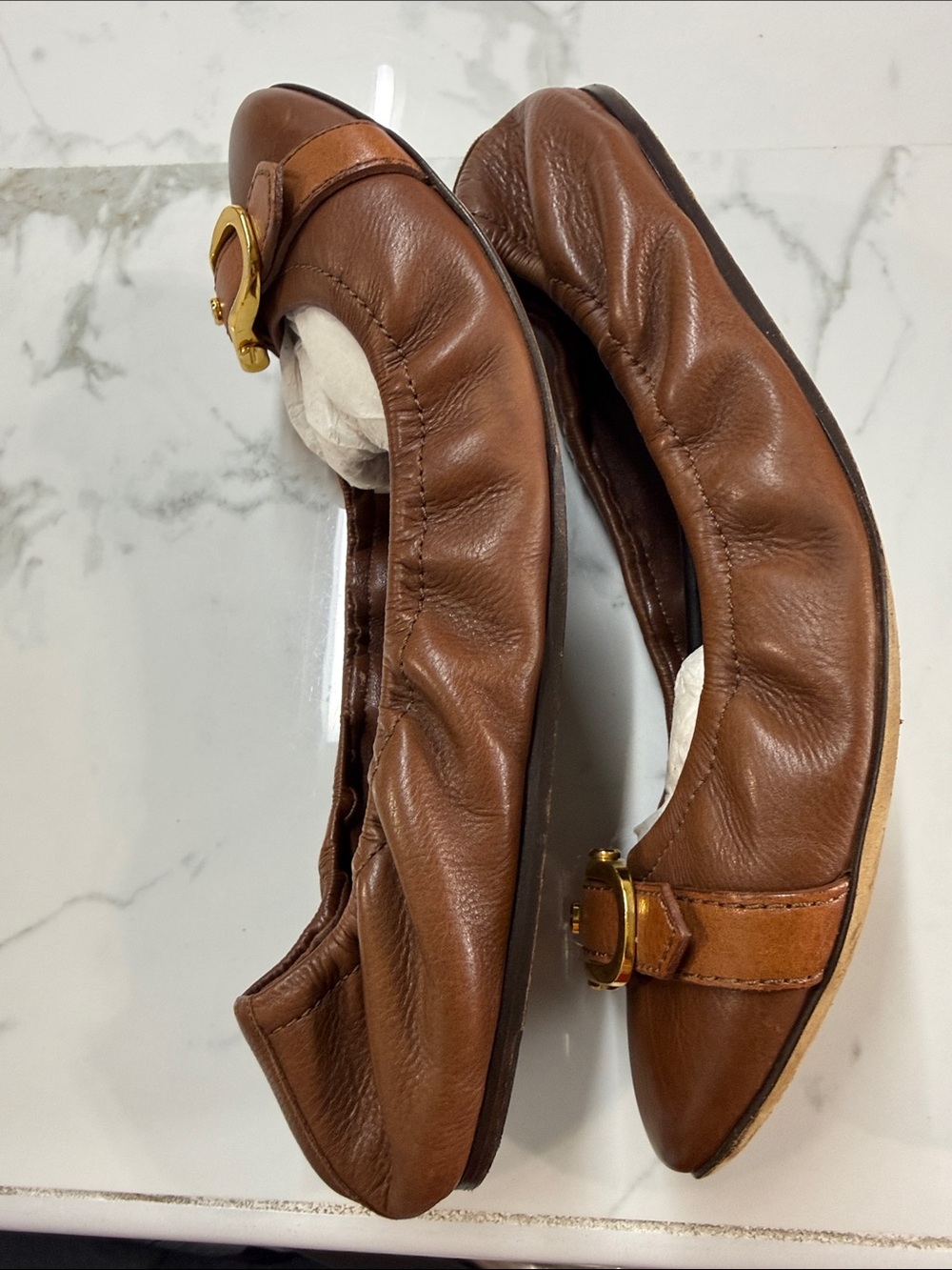 Burberry Tan Brown Leather Ballet Flats with Gold Buckle - Picture 3 of 7